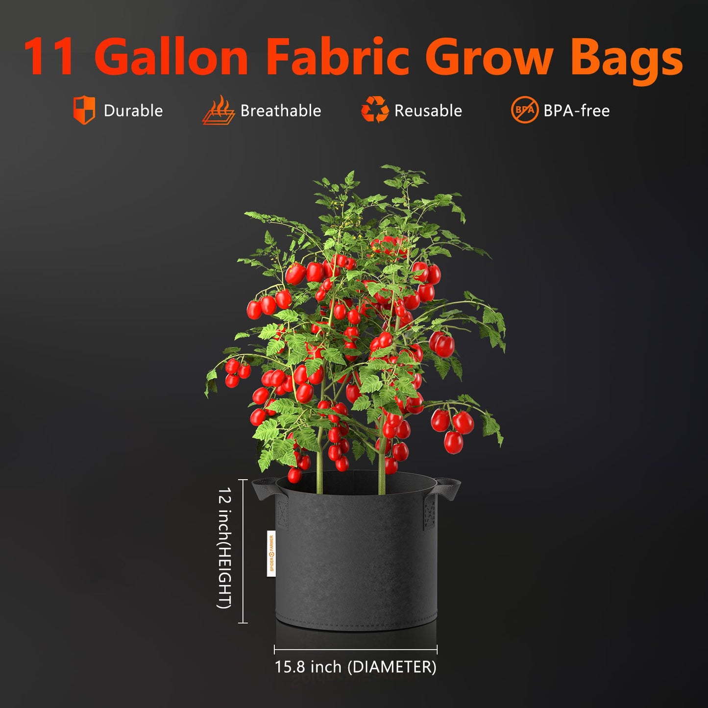 Spider Farmer 11 Gallon Planting Grow Bag 5 Packs Heavy Duty Plant Fabric Pots with Handles