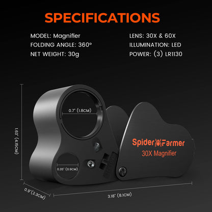 Spider Farmer® 30X-60X Jewelers Loupe Magnifier With LED Light