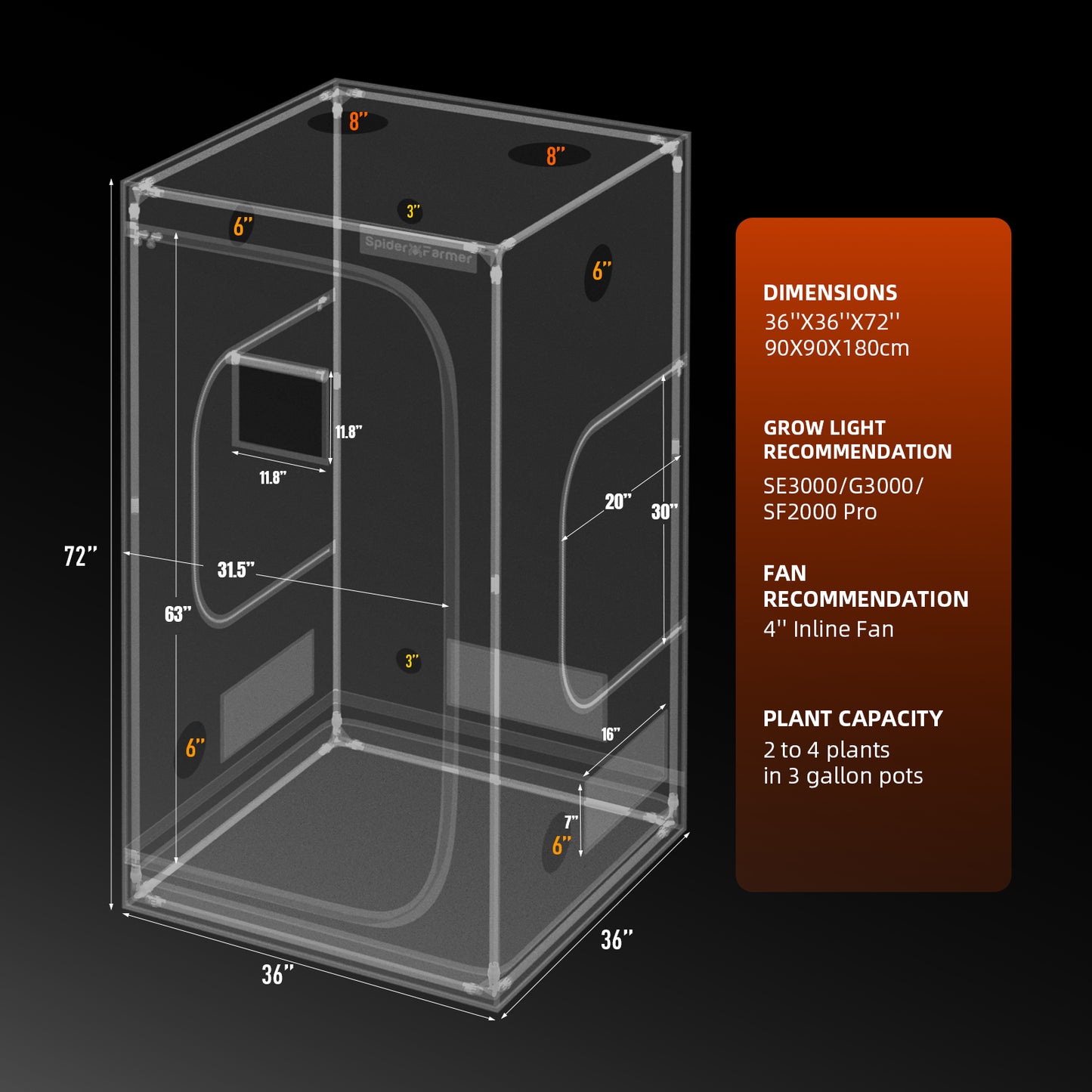 Pre-Order/Vorverkauf】Spider Farmer 90x90x180cm Indoor Grow Tent 1680D High reflective Grow Box