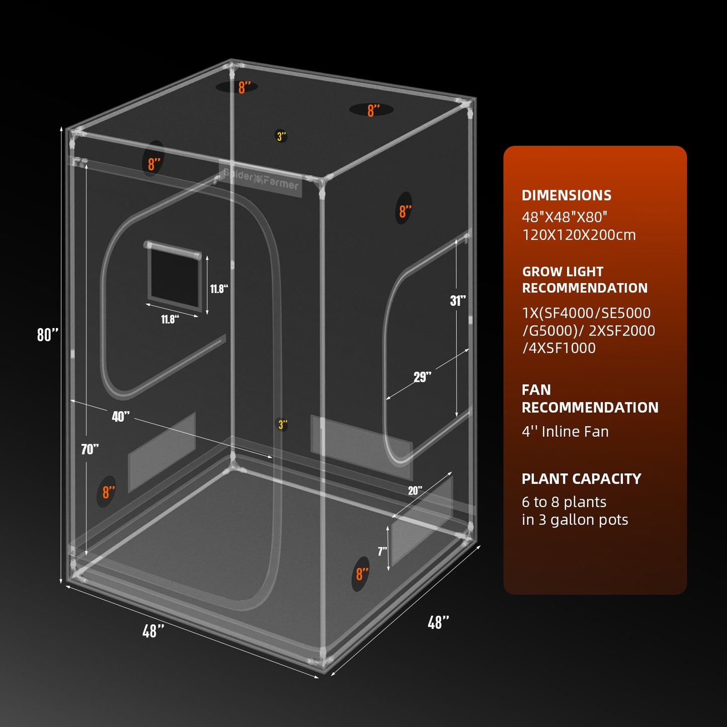 Spider Farmer 120x120x200cm Indoor Grow Tent 1680D High Reflective Grow Box