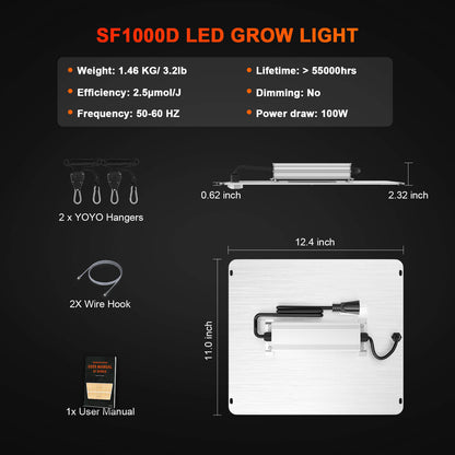 2024 Newest Version Spider Farmer SF1000D 100W Full Spectrum LED Grow Light