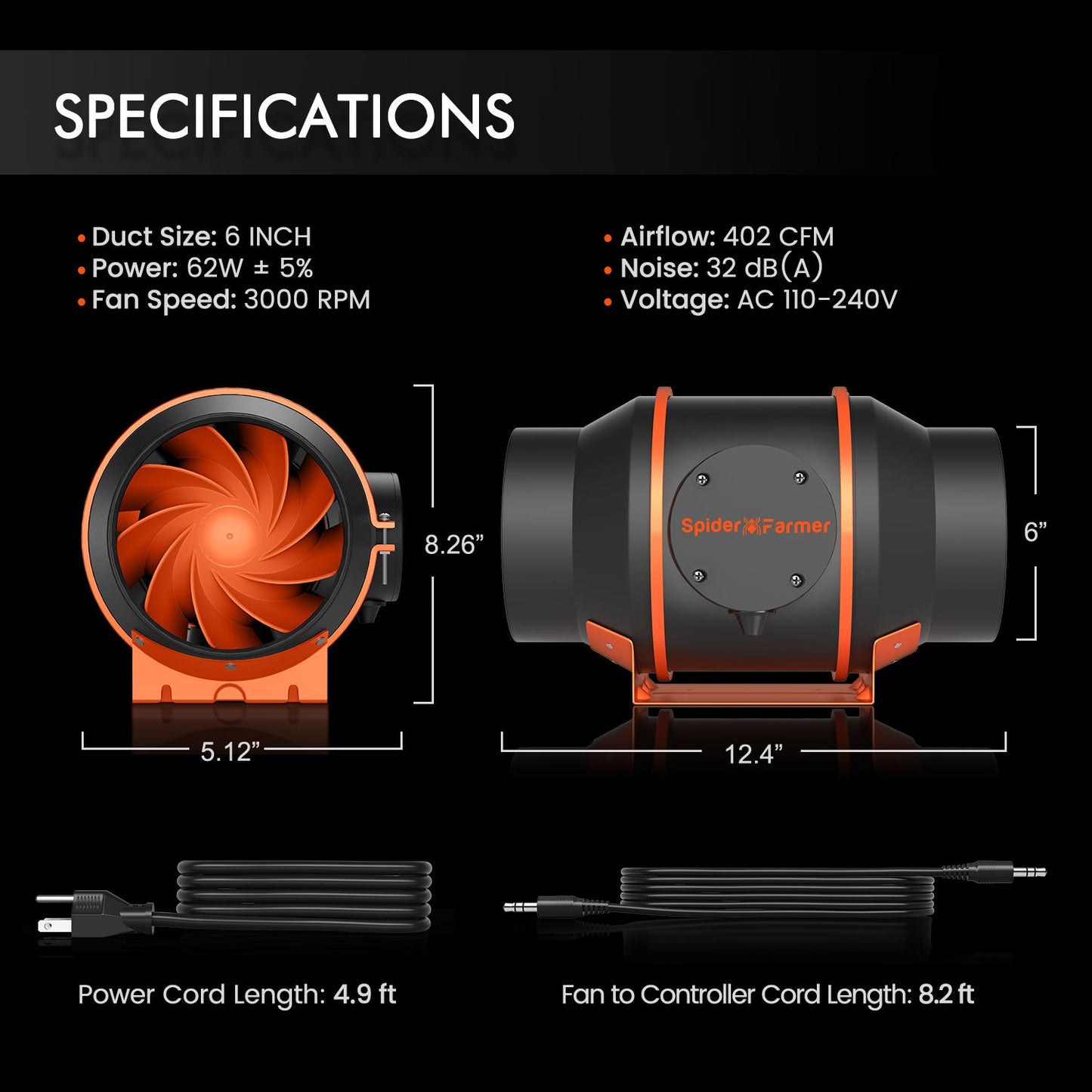 Spider Farmer 6 inch Inline Duct Fan 402 CFM With Temperature Humidity Controller