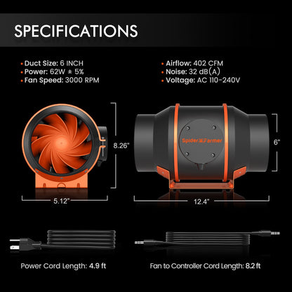 Spider Farmer 6 inch Inline Duct Fan 402 CFM With Temperature Humidity Controller