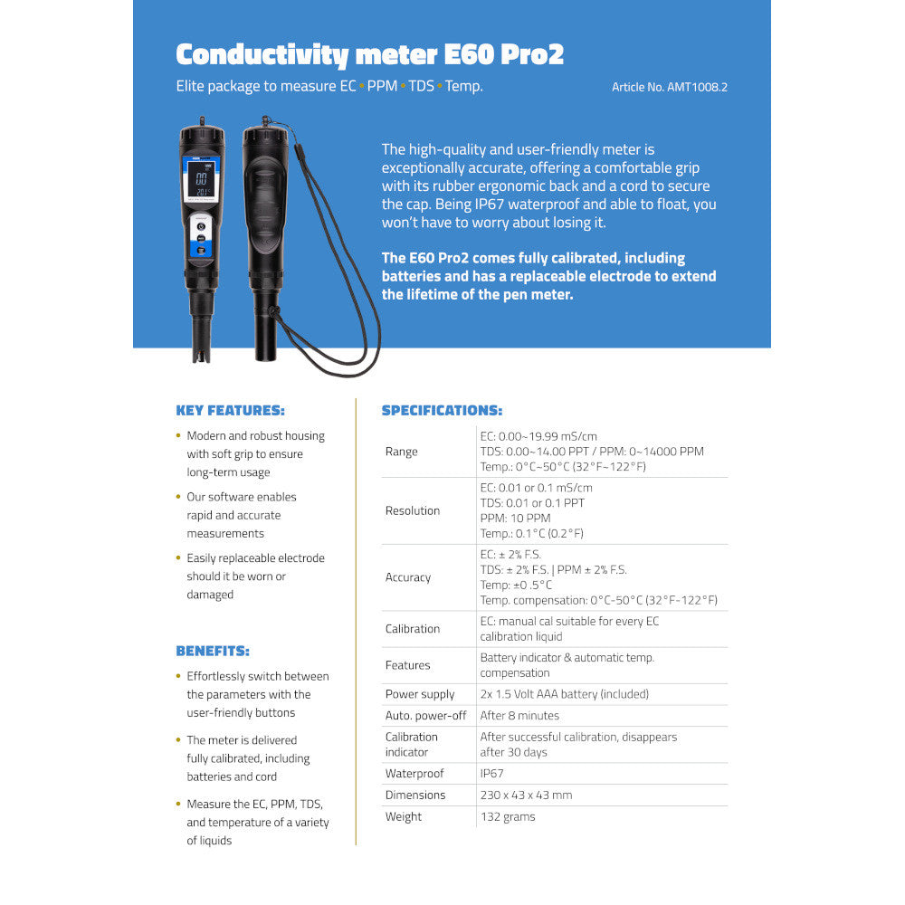 Aqua Master Tools EC meter E60 PRO 2.0 (EC, ppm, TDS, Temp)