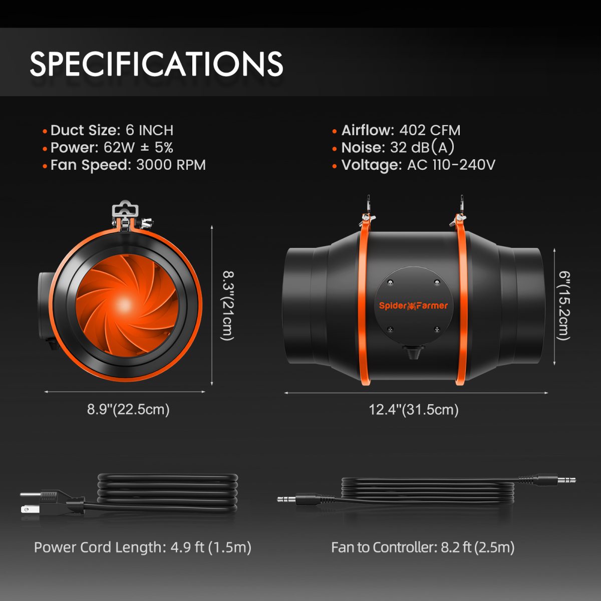 Spider Farmer 6 Inch Inline Fan Air Carbon Filter Ducting Belüftungssystem with Speed Controller