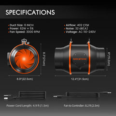 Spider Farmer 6 Inch Inline Fan Air Carbon Filter Ducting Belüftungssystem with Speed Controller