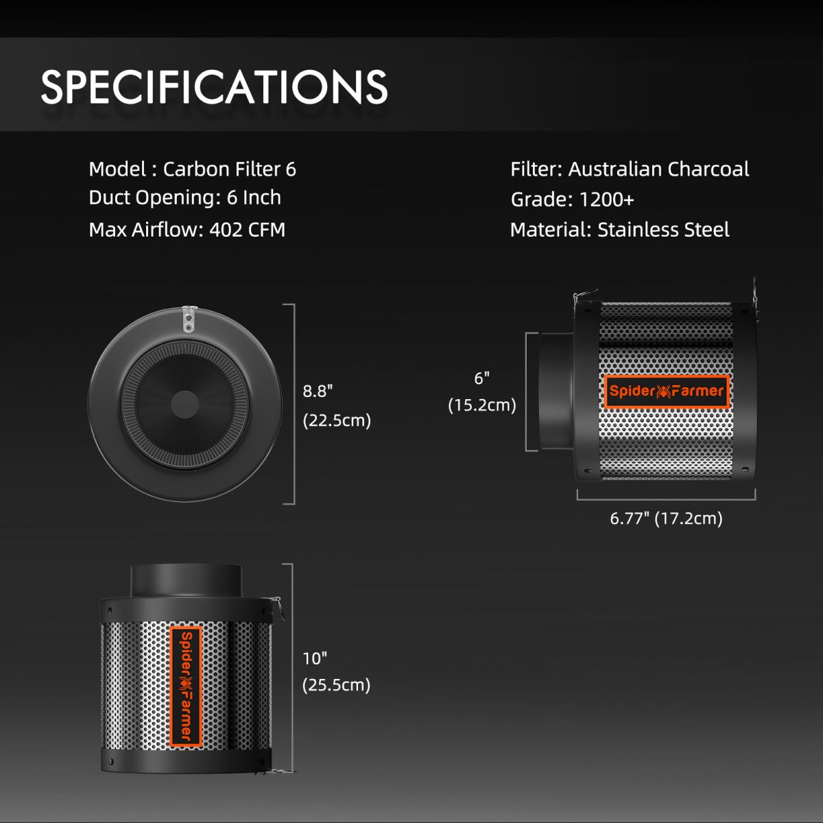 Spider Farmer 6 Inch Inline Fan Air Carbon Filter Ducting Belüftungssystem with Speed Controller