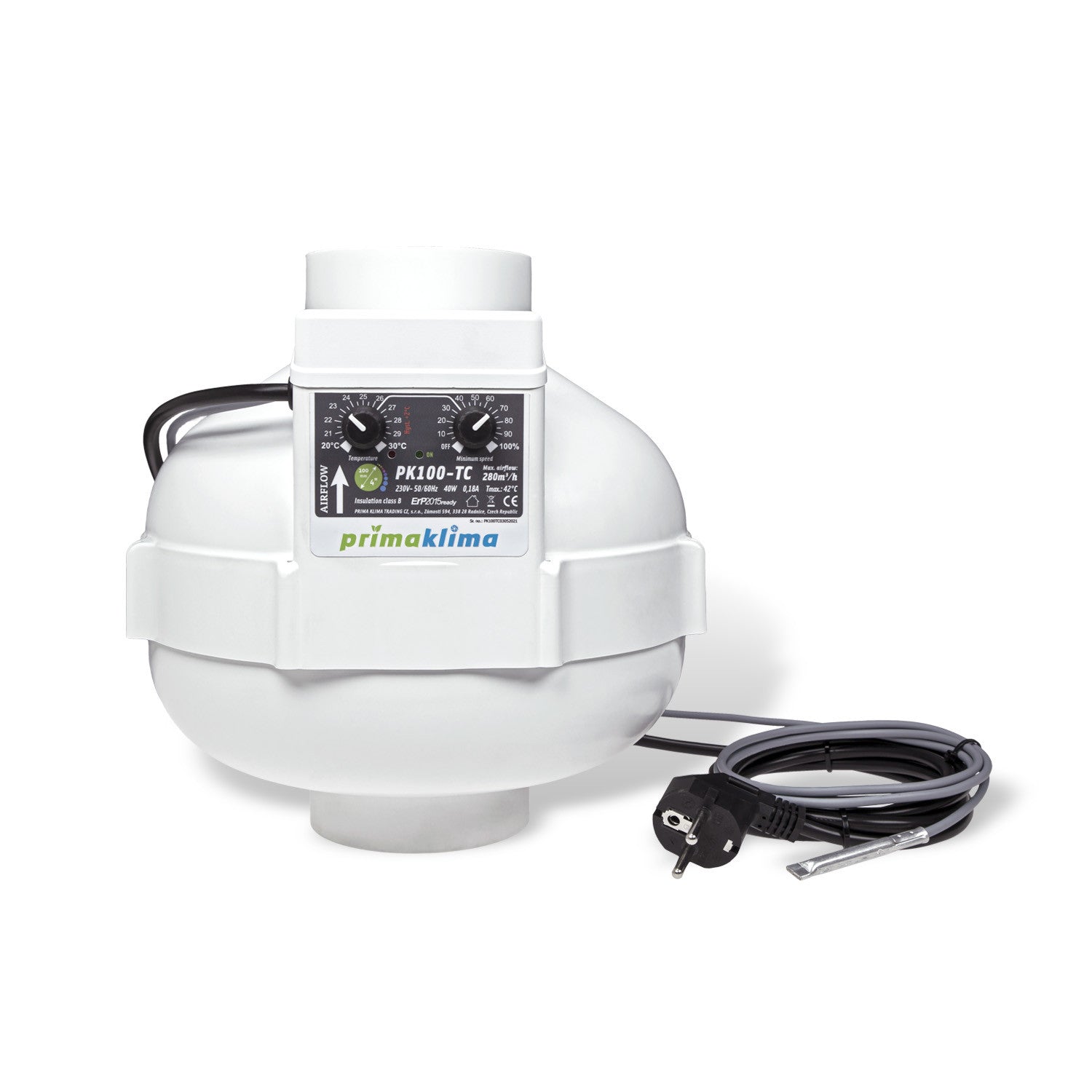 Prima Klima tube fan PK100-TC 100 mm - 280 m3/h, temperature controlled